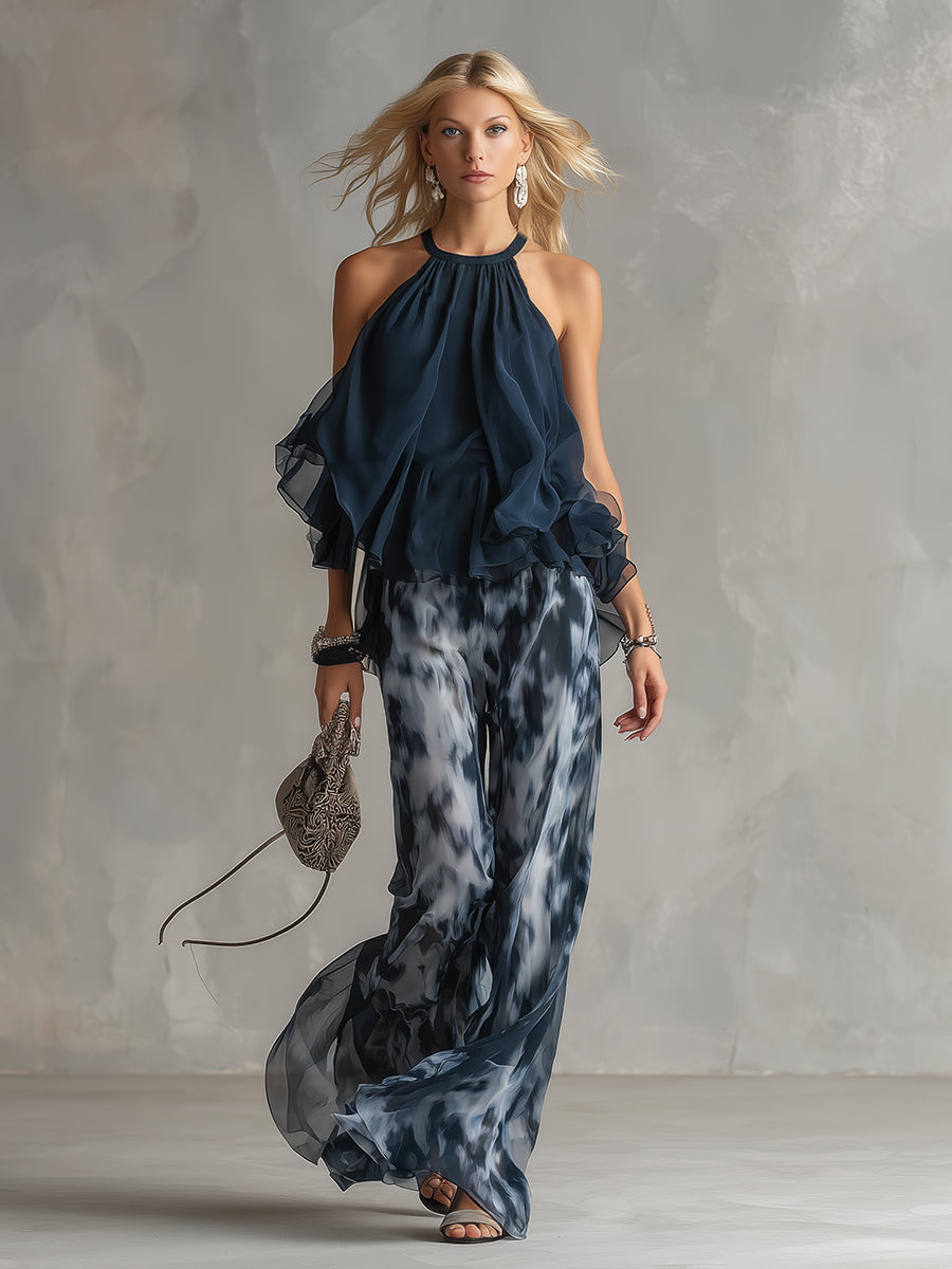 Ludovica - elegante in chiffon met hoge hals top en wijde geprinte broek