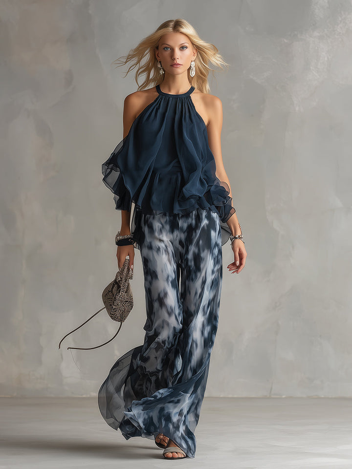 Ludovica - elegante in chiffon met hoge hals top en wijde geprinte broek
