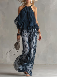 Ludovica - elegante in chiffon met hoge hals top en wijde geprinte broek
