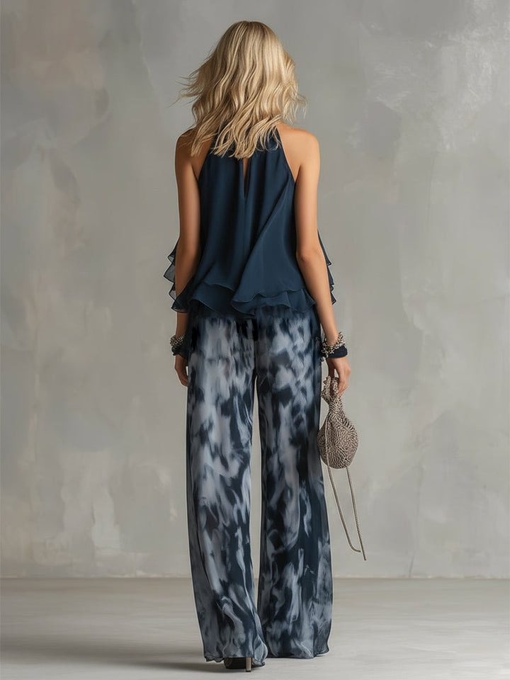 Ludovica - elegante in chiffon met hoge hals top en wijde geprinte broek