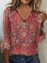 Arabella | Top V-Hals met 3/4 Mouwen en Rode Print