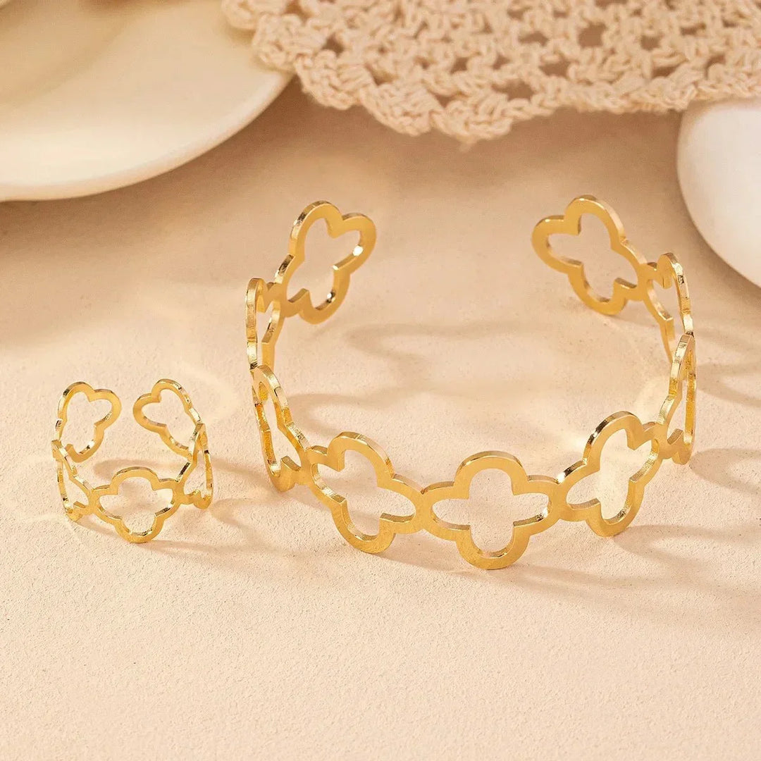 Set van Armband en Verstelbare Ring met Open Klavertje Vier