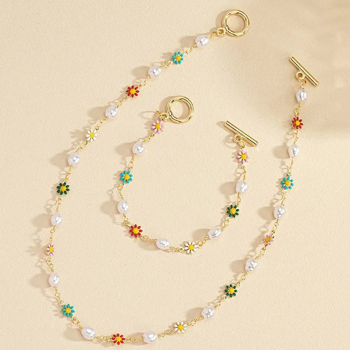 Bloemige Lente Parels Bracelet en Ketting Set