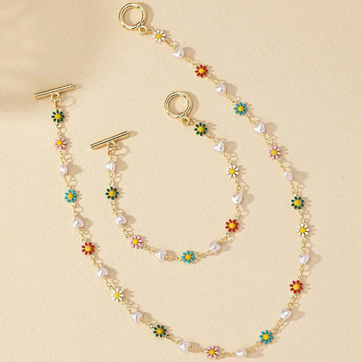 Bloemige Lente Parels Bracelet en Ketting Set