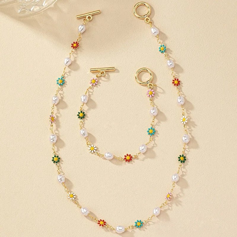 Bloemige Lente Parels Bracelet en Ketting Set