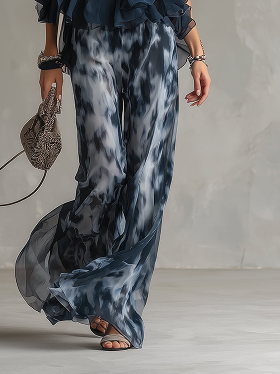 Ludovica - elegante in chiffon met hoge hals top en wijde geprinte broek