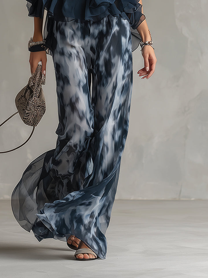 Ludovica - elegante in chiffon met hoge hals top en wijde geprinte broek