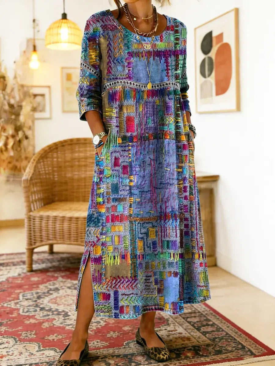Manuela | Denim Jurk met Etnische Patchwork