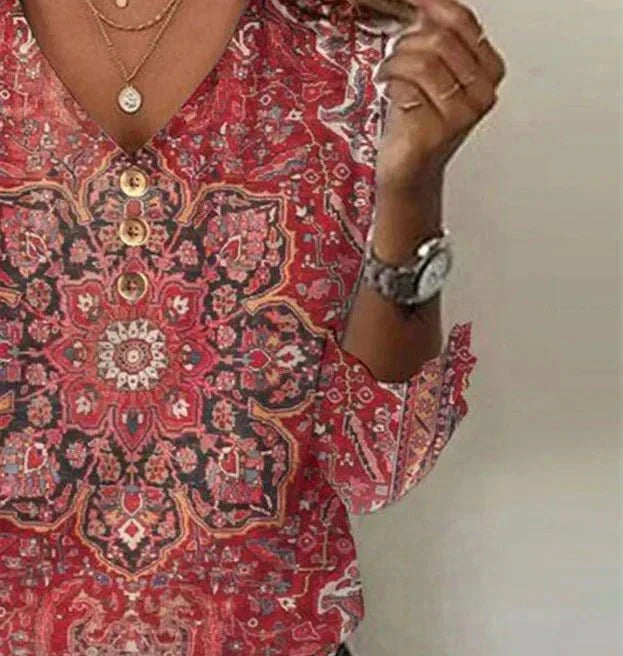 Arabella | Top V-Hals met 3/4 Mouwen en Rode Print
