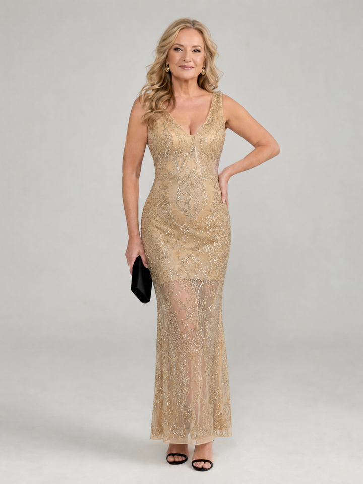 Rosalba | Elegante Midi-jurk in Beige en Lichtblauw
