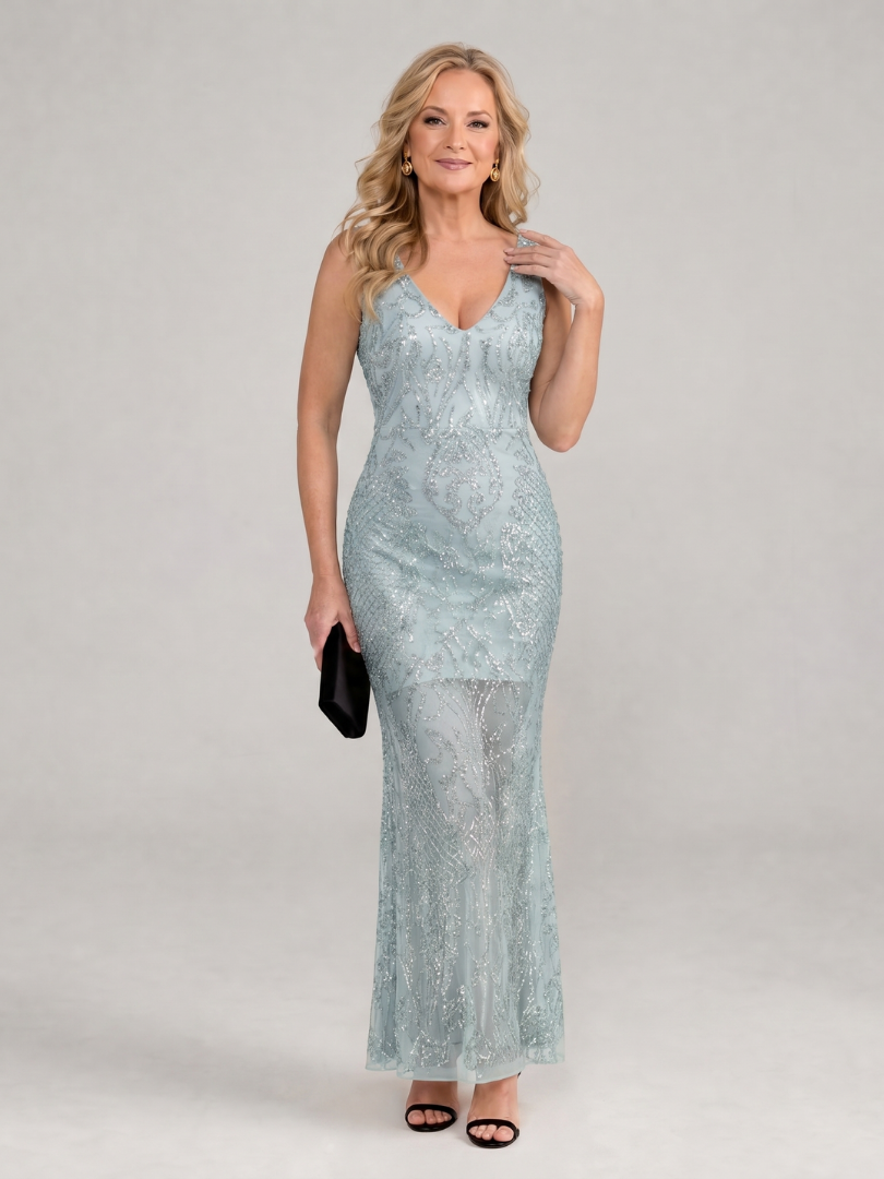 Rosalba | Elegante Midi-jurk in Beige en Lichtblauw