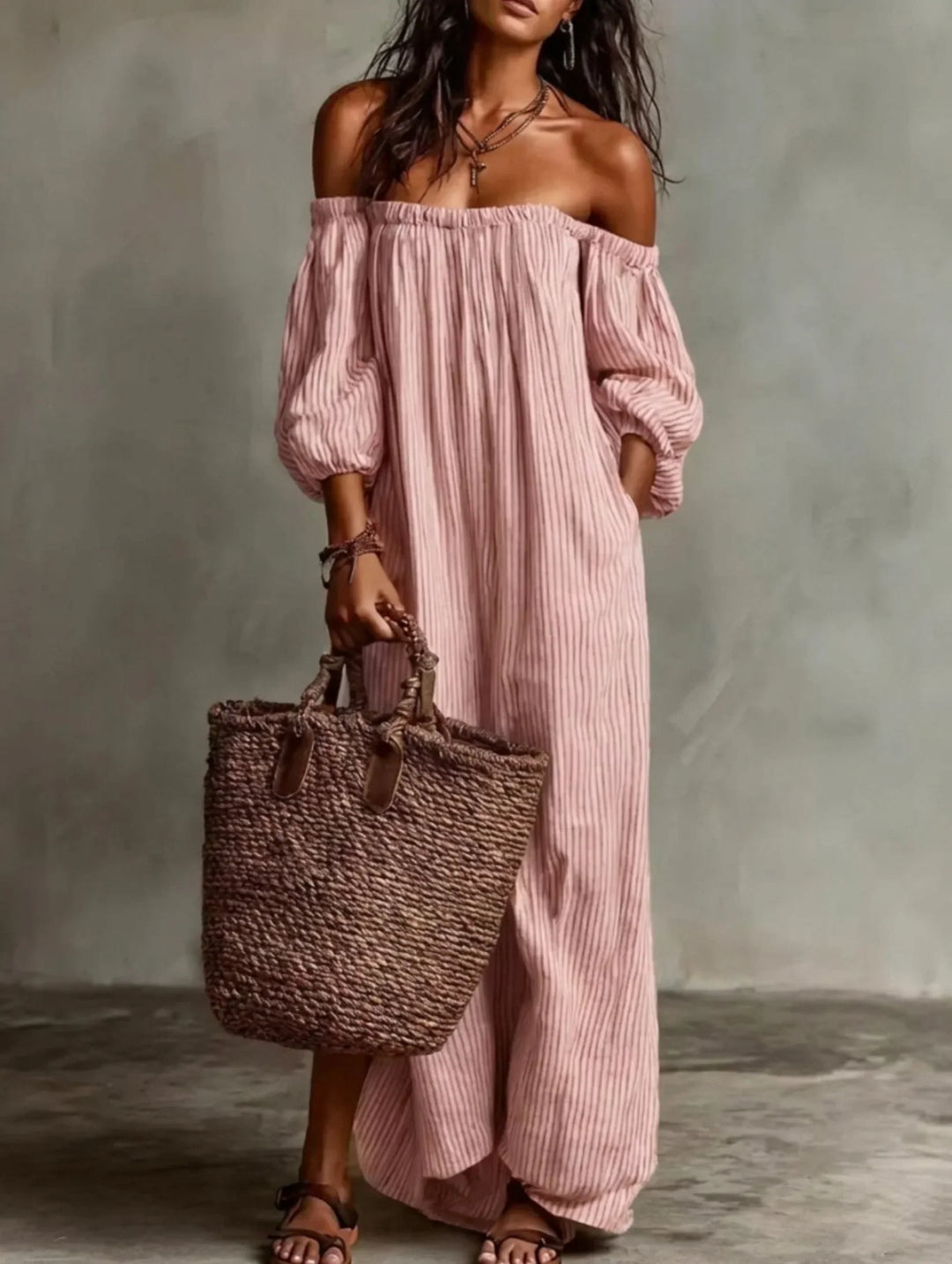 Elena | Lange vloeiende jurk met off-the-shoulder ontwerp