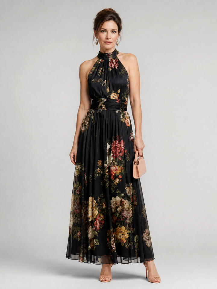Wilhelmine | Halter-Midikleid met bloemenpatroon in zwart