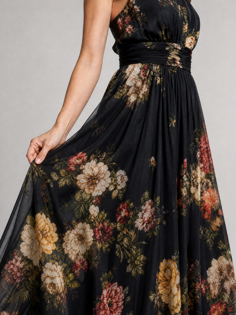 Wilhelmine | Halter-Midikleid met bloemenpatroon in zwart