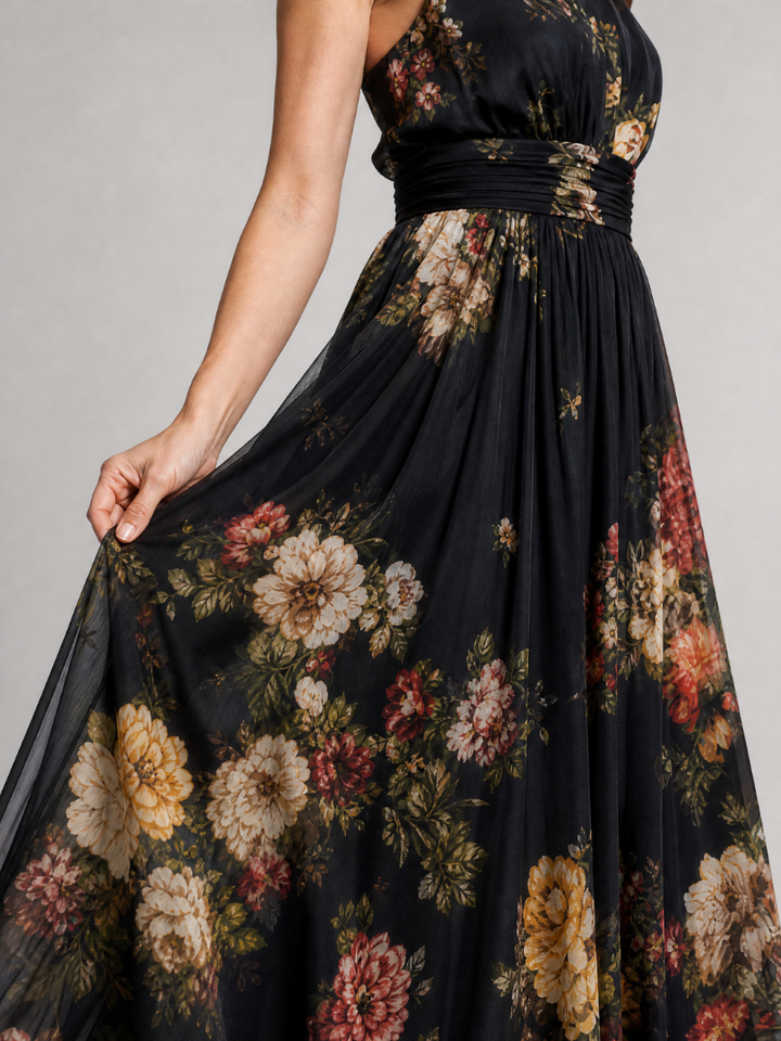 Wilhelmine | Halter-Midikleid met bloemenpatroon in zwart