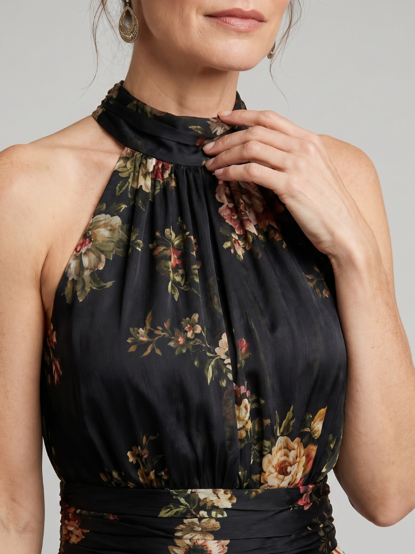 Wilhelmine | Halter-Midikleid met bloemenpatroon in zwart