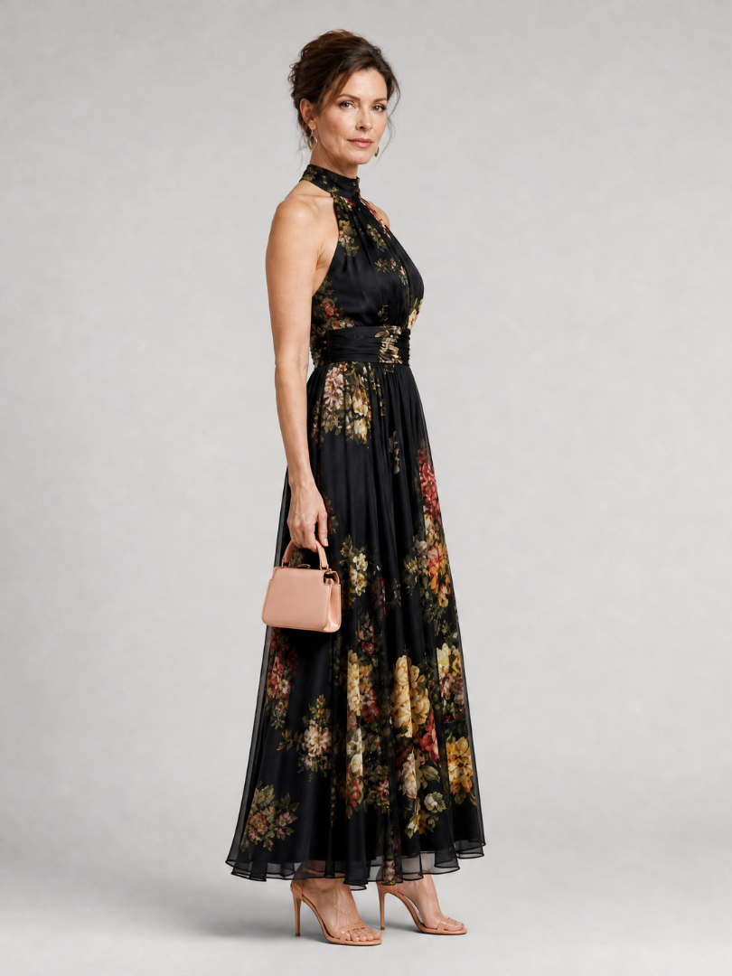 Wilhelmine | Halter-Midikleid met bloemenpatroon in zwart