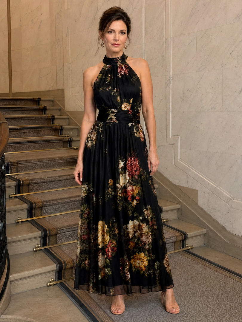 Wilhelmine | Halter-Midikleid met bloemenpatroon in zwart