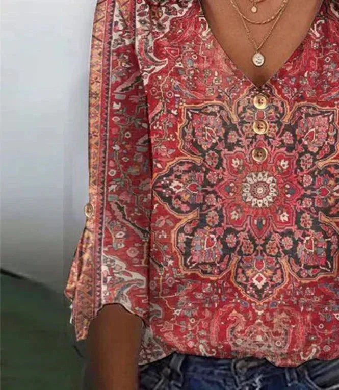 Arabella | Top V-Hals met 3/4 Mouwen en Rode Print